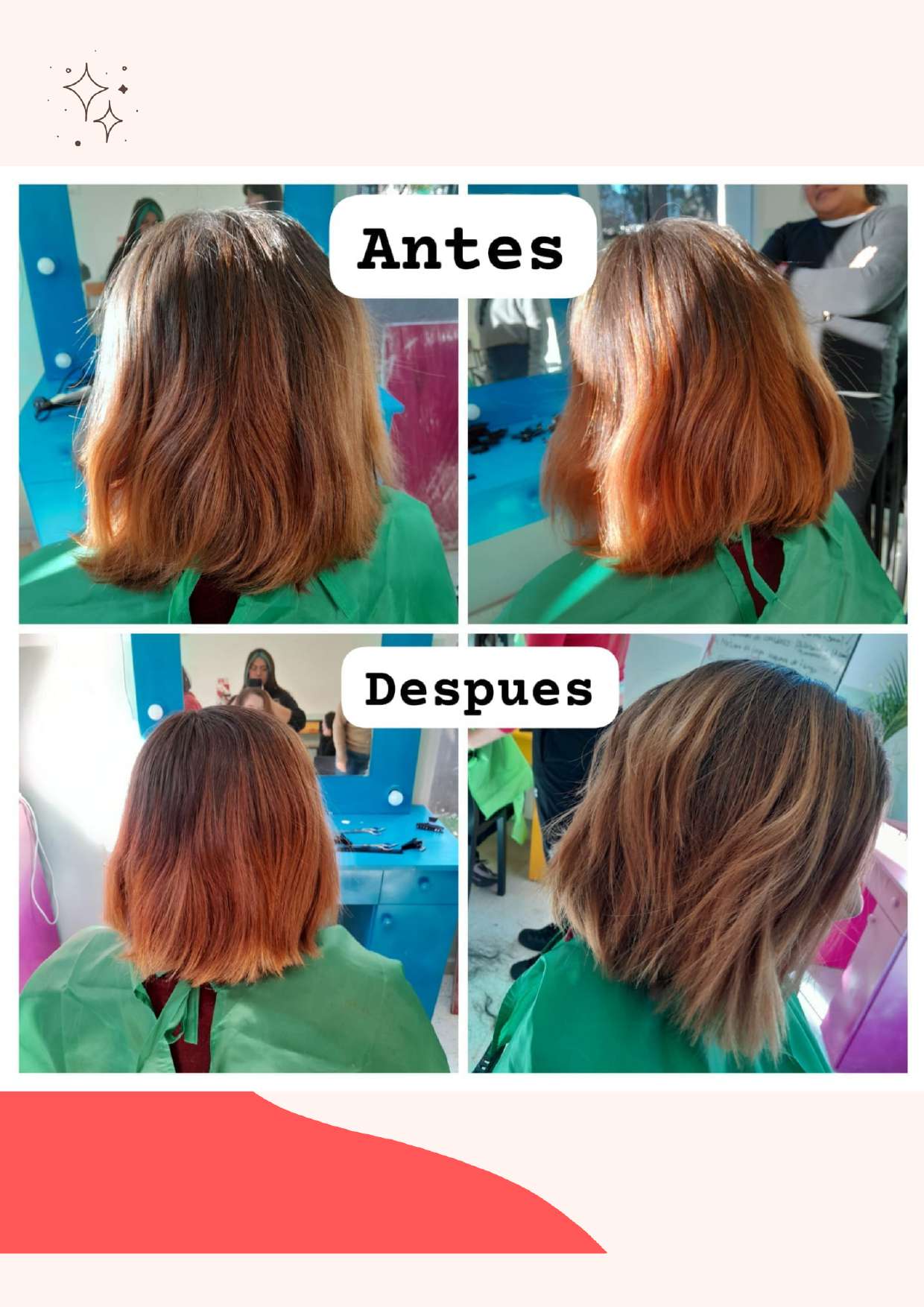 Before and after of a student's hair coloring