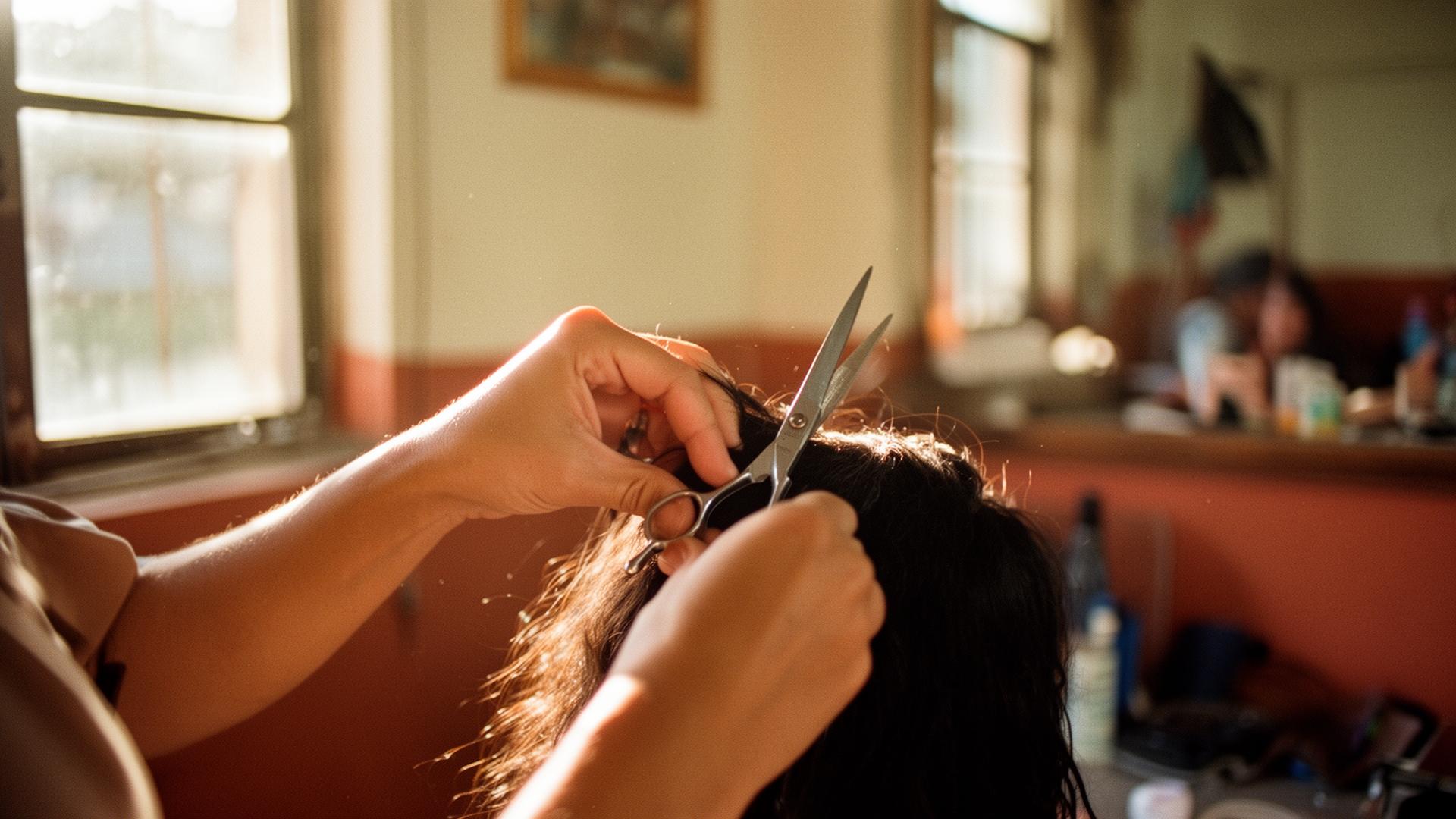 Stylist's hands cutting hair with scissors in a warmly lit workshop