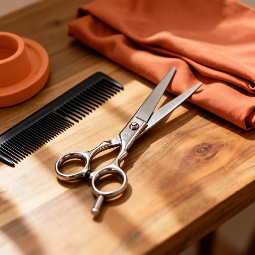 Professional scissors, comb and cape on a wooden surface